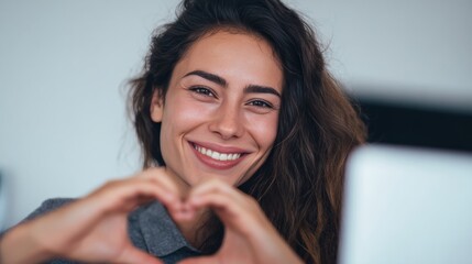 ```A joyful Hispanic woman forms a heart with her hands, capturing World Smile Day's universal language of kindness```