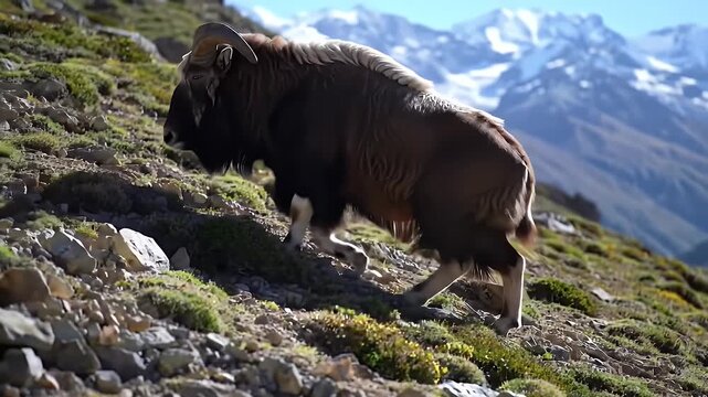 Markhor Walking on Rocky Slope with Distant Snowy Mountains Landscape in Sunlight