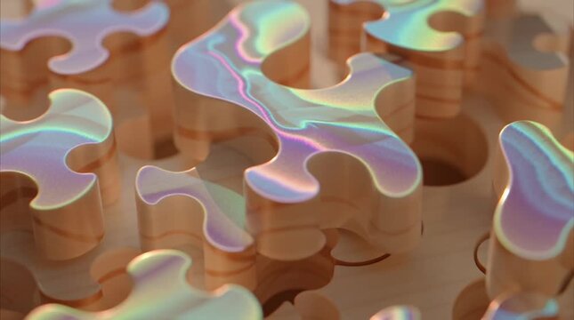 Beautiful 3D puzzle with pieces made of colorful, translucent materials, artistic and intricate design