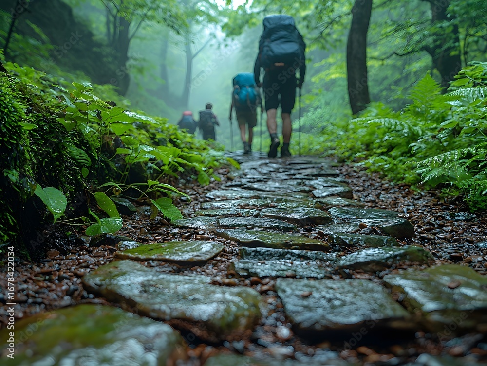 Poster hikers navigate a wet ancient stone path winding through a dense misty forest surrounded by vibrant 