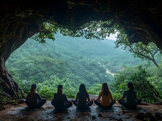 Group of people meditating in a tranquil cave opening overlooking a lush green forest valley and river embracing peace and nature