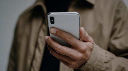 A contemplative Asian male hand, clad in earth-toned coat, cradles smartphone; Digital Detox Day irony, tactile tech intimacy