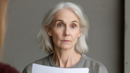 A solemn Caucasian elderly woman, clutching papers, embodies National Poetry Day introspection and Silver Sunday wisdom