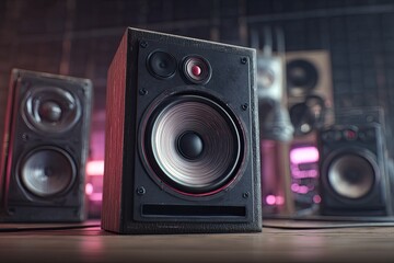 Close-up studio speakers in a dimly lit room
