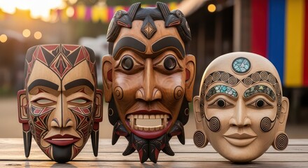 Three Exquisite Native American Wooden Masks Displayed Outdoors