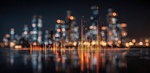 Blurred city at night, with digital data overlaying the buildings