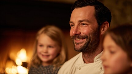 ```Imaginative fireside warmth captures a Caucasian father's merriment, evoking Yuletide cheer and the whimsical spirit of Family Day```