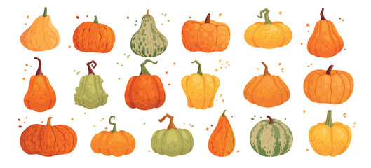 Autumn elements. Natural eco pumpkins. Yellow, orange and red, green tree foliage colors fall season, harvest hand drawn elements. Vector set