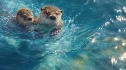 Fototapeta premium Collaboration in Nature Two Otters Swimming Together in Clear Blue Water