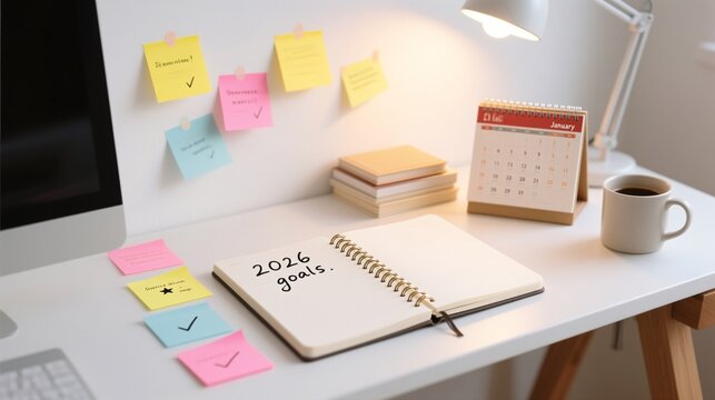 2026 Goals written in a notebook on a clean desk with a January calendar, coffee, and sticky notes, representing New Year's resolutions and planning.
