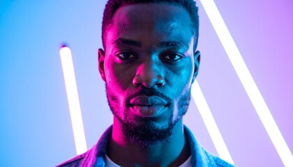 Stylish Black Male Portrait Lit with Futuristic Neon Blue and Pink Lights