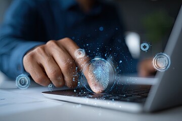 Person's finger on a laptop keyboard with a holographic fingerprint graphic
