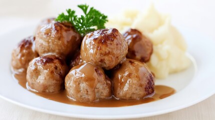 Succulent Swedish meatballs bask in creamy gravy beside snowy mashed potatoes, perfect for Kanelbullens Dag or Scandinavian feasts