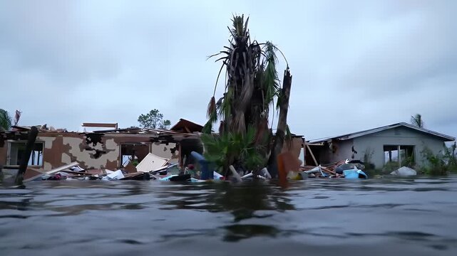 Devastating Flood Aftermath Featuring Houses Surrounded by Water and Scattered Debris Depicting Severe Natural Disaster Impact on Residential Area Under a Cloudy Sky Highlighting the Urgent Need for