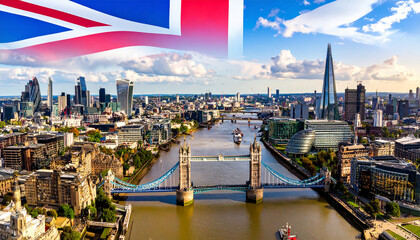 Flag UK London skyline from the Tower Bridge