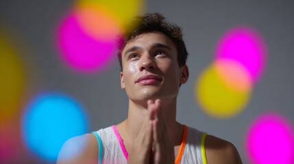 A young Hispanic man in kaleidoscopic glow contemplates celestial Wonder Day dreams, embodying whimsically vibrant neon zen