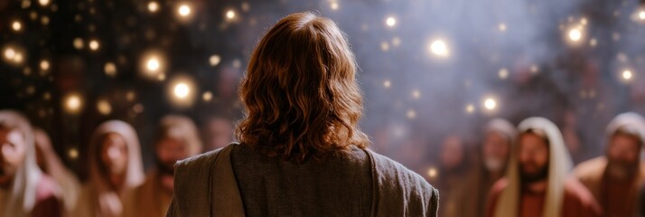 White male figure in ethereal glow addresses captivated audience, evoking Winter Solstice gatherings and mystical storytelling nights