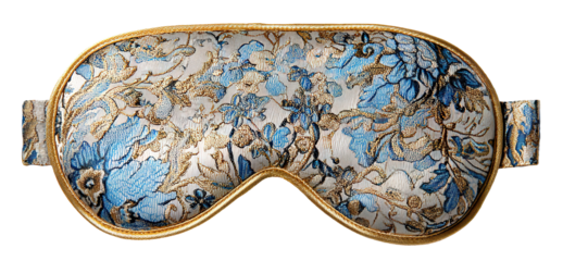 Luxury floral sleep mask with golden trim, isolated on transparent cutout background