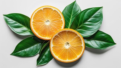 Citrus Fruit Slice with Green Leaves on White