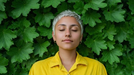 Serene Latina woman in lemon-yellow blouse dreams amid verdant foliage, echoing Dia de la Raza and Earth Day reflection