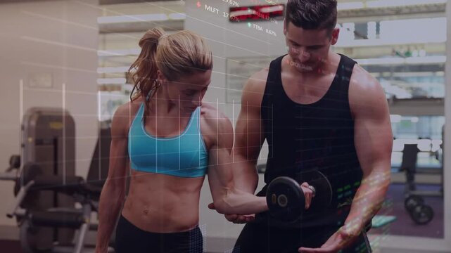 Animation of zigzag pattern over two women exercising in gym