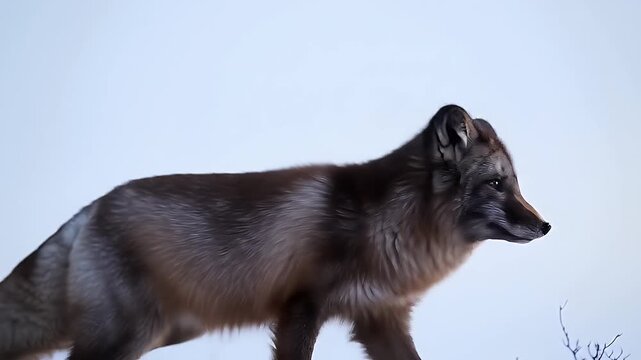 Portrait of an Arctic Fox with Snowy Fur Against a Pale Blue Background
