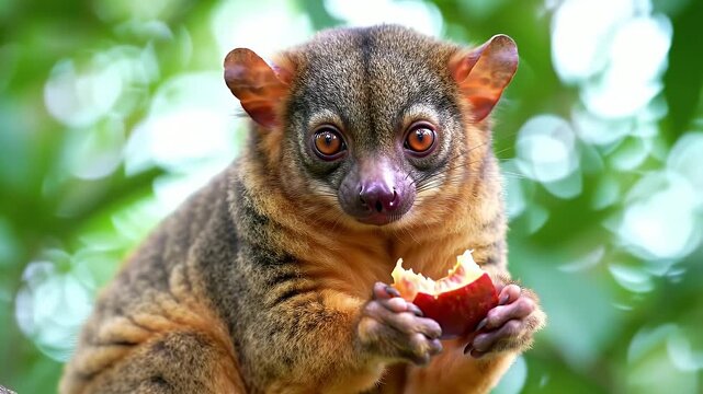 Portrait of Cuscus Eating Red Fruit on Branch in Green Forest Background