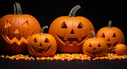 Fototapeta premium A Collection of Carved Pumpkins with Glowing Faces and Candy Corn Scattered Below Creates a Classic Halloween Scene on a Dark Backdrop