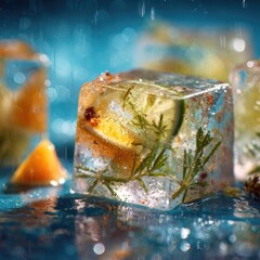 Refreshing Citrus and Herb Infused Ice Cubes Melting on a Textured Surface.