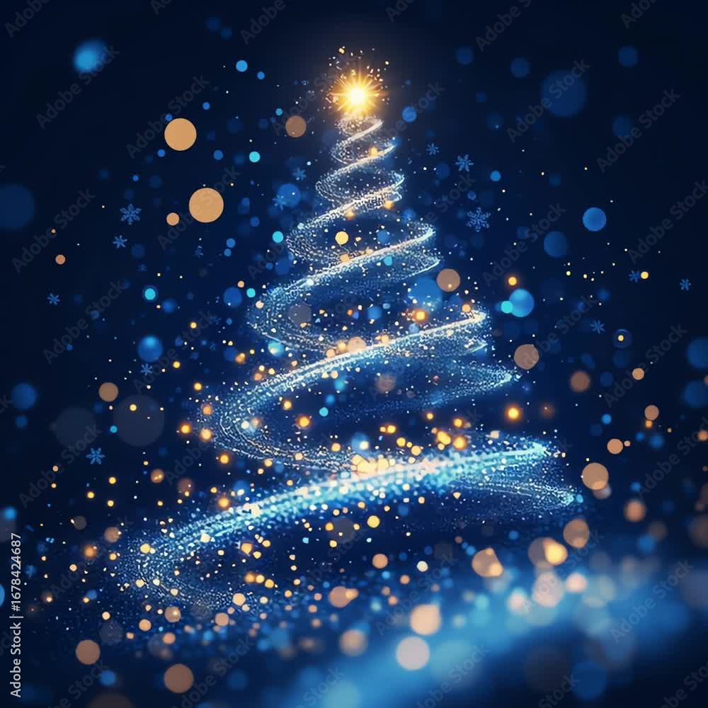 Poster a christmas tree made of light trails with a star on top and bokeh lights in the background, 4k vide