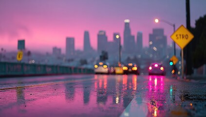 Fototapeta premium City street at sunset, rain