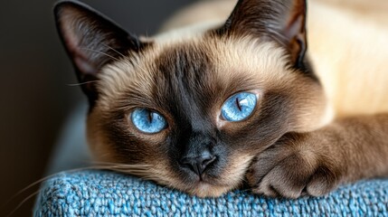 Close-up of siamese cat with striking blue eyes relaxing on a sofa