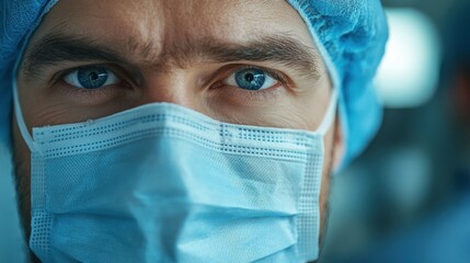 Focused male caucasian adult surgeon in blue surgical mask and cap