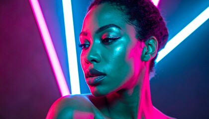Elegant Black Female Portrait in Neon Blue and Pink Futuristic Glow