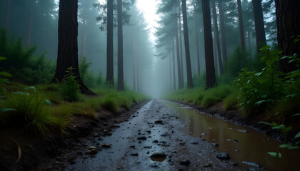 Fototapeta premium A misty forest path invites exploration, shrouded in an atmospheric veil.