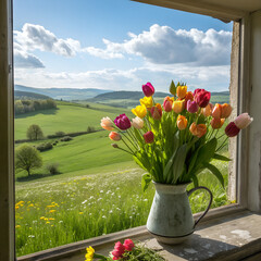 A vase of tulips with a countryside meadow background
