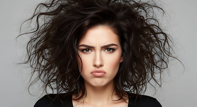 A young woman with incredibly messy, disheveled hair pouts with a frustrated expression.