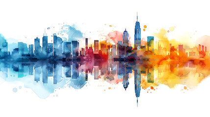 Obraz premium Watercolor Cityscape Panorama with Reflections: Urban Skyline Art in Blue, Orange, and Yellow Hues.