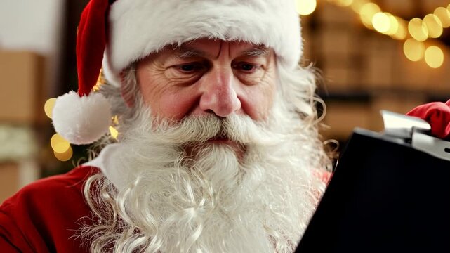 Santa Claus sits in the warehouse of his factory and keeps a record of gifts. Warehouse of gifts of Santa Claus. Accounting and distribution Christmas gifts for all children on the planet.