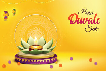 Naklejka premium Happy Diwali With Flower Shaped Diya And Hanging Paper Lantern Lights On Yellow Background. Indian Hindu Festival Concept For E-commerce Greetings, Poster, Banner Etc.
