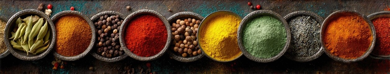 Array of colorful spices in small bowls