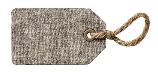 Blank textured fabric tag with jute rope string, isolated on transparent cutout background