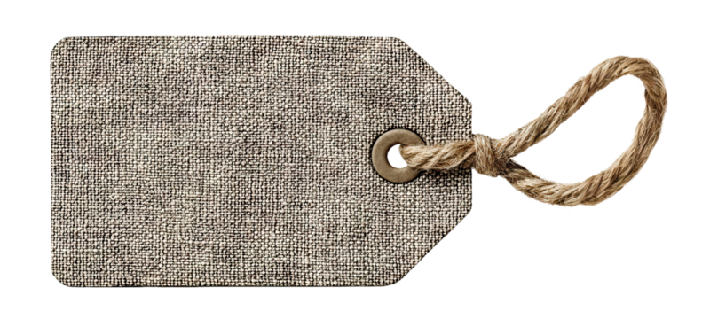 Blank textured fabric tag with jute rope string, isolated on transparent cutout background