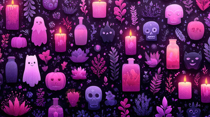 Vibrant dark purple gradient wallpaper featuring glowing Halloween themed elements such as candles, pumpkins, ghosts, skulls, and various plants. design evokes whimsical and spooky atmosphere