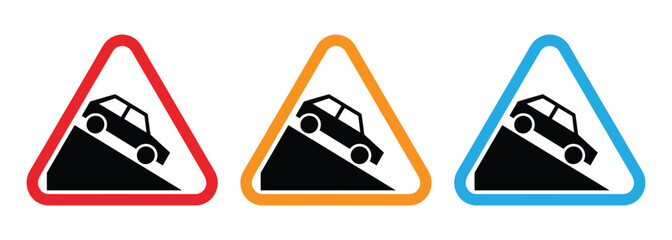 Steep uphill slope moving car warning sign on mountain road. Red triangle background.Warning signs. traffic training. traffic rules. Traffic signs. road signs. information traffic signs  © Welcome