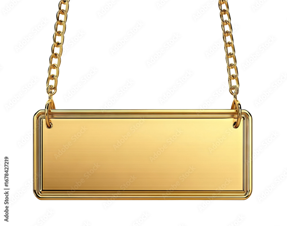 Poster Simple rectangular golden nameplate hanging on chains, isolated on transparent cutout background