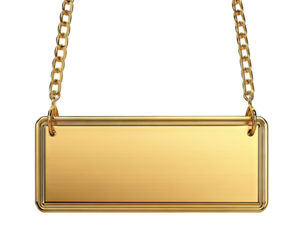 Simple rectangular golden nameplate hanging on chains, isolated on transparent cutout background