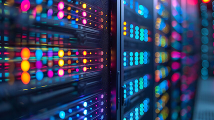 Abstract Blurred View of Data Center Racks with Colorful Lights and Technical Equipment Systems.