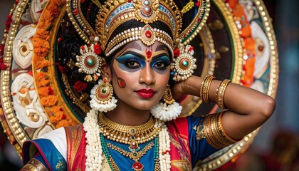 Fototapeta premium Traditional Kathakali dancer in full costume and makeup, posing during Onam celebrations.
