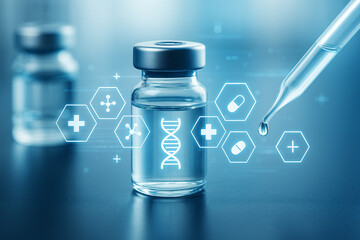 AI generated conceptual medical image featuring a vaccine vial with pipette and futuristic hexagon digital health icons in a clean modern laboratory atmosphere